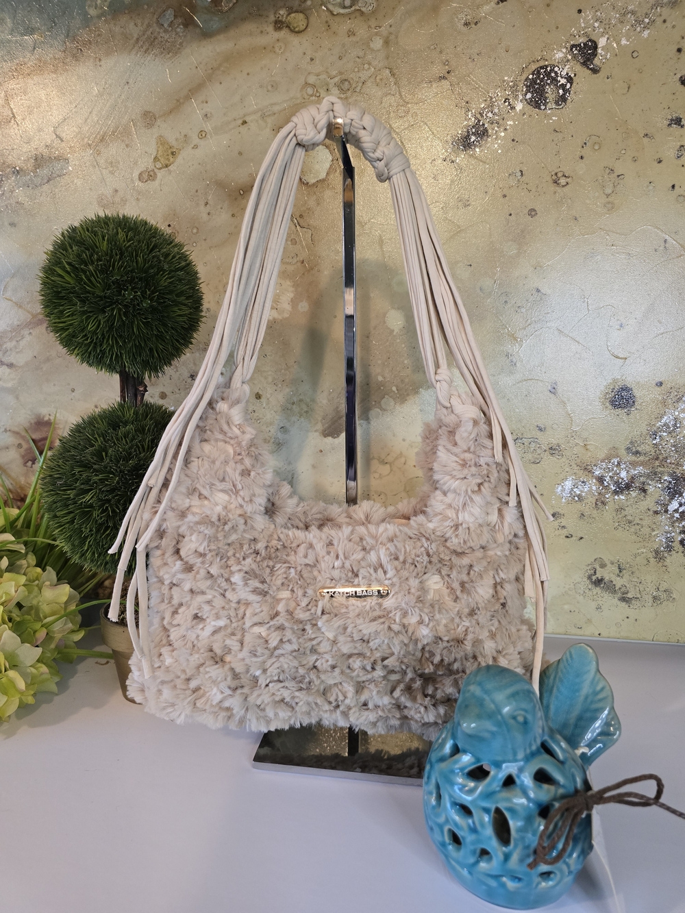 Plush Faux Fur "VERSATILE" Shoulder/Hand/Cross Body Bag in Light Taupe - Picture 5 of 6